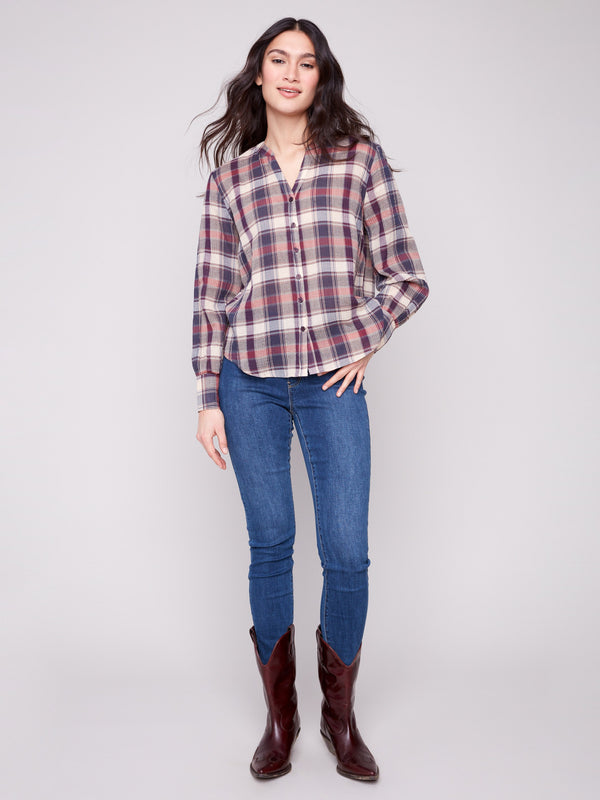 Plaid bubble gauze shirt with elegant button-down closure, perfect for casual outings by Charlie B.