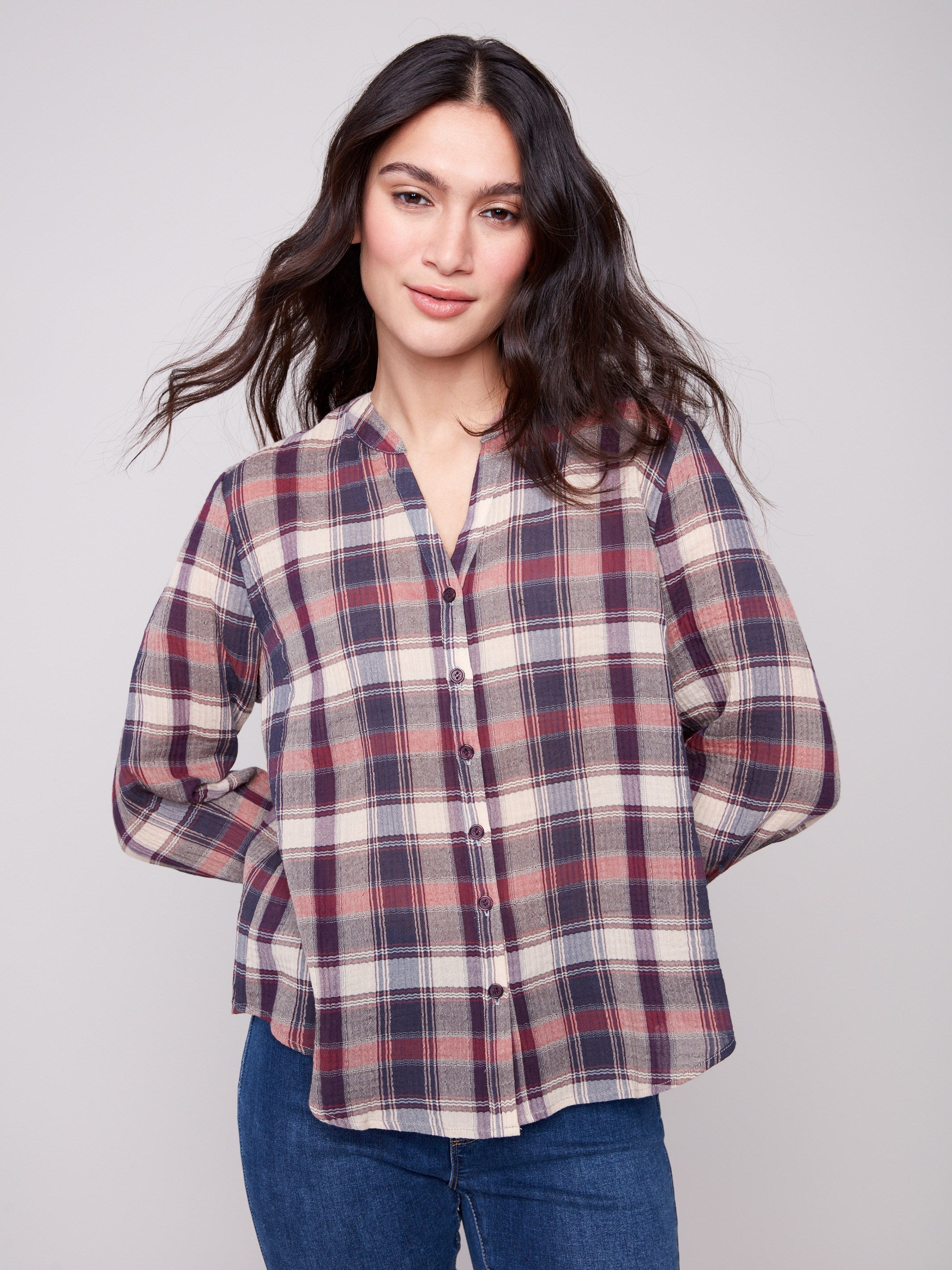 Chic berry plaid shirt with comfortable blouson cuffs for a relaxed fit by Charlie B.
