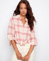 Plaid cotton shirt in candy color with a shirt collar and a stylish front twist, paired with casual pants by Charlie B.