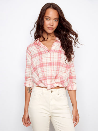 Charming plaid cotton shirt in candy hues with a unique twist detail at the front, perfect for versatile styling by Charlie B.