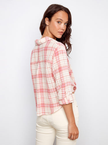 Stylish plaid cotton shirt showcasing roll-up sleeves with button tab and a chic design, ideal for casual outings by Charlie B.