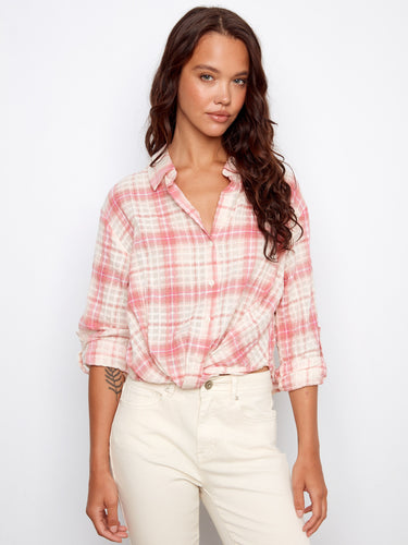 Elegant candy-colored plaid shirt with classic button-front closure and fashionable details to enhance your wardrobe by Charlie B.