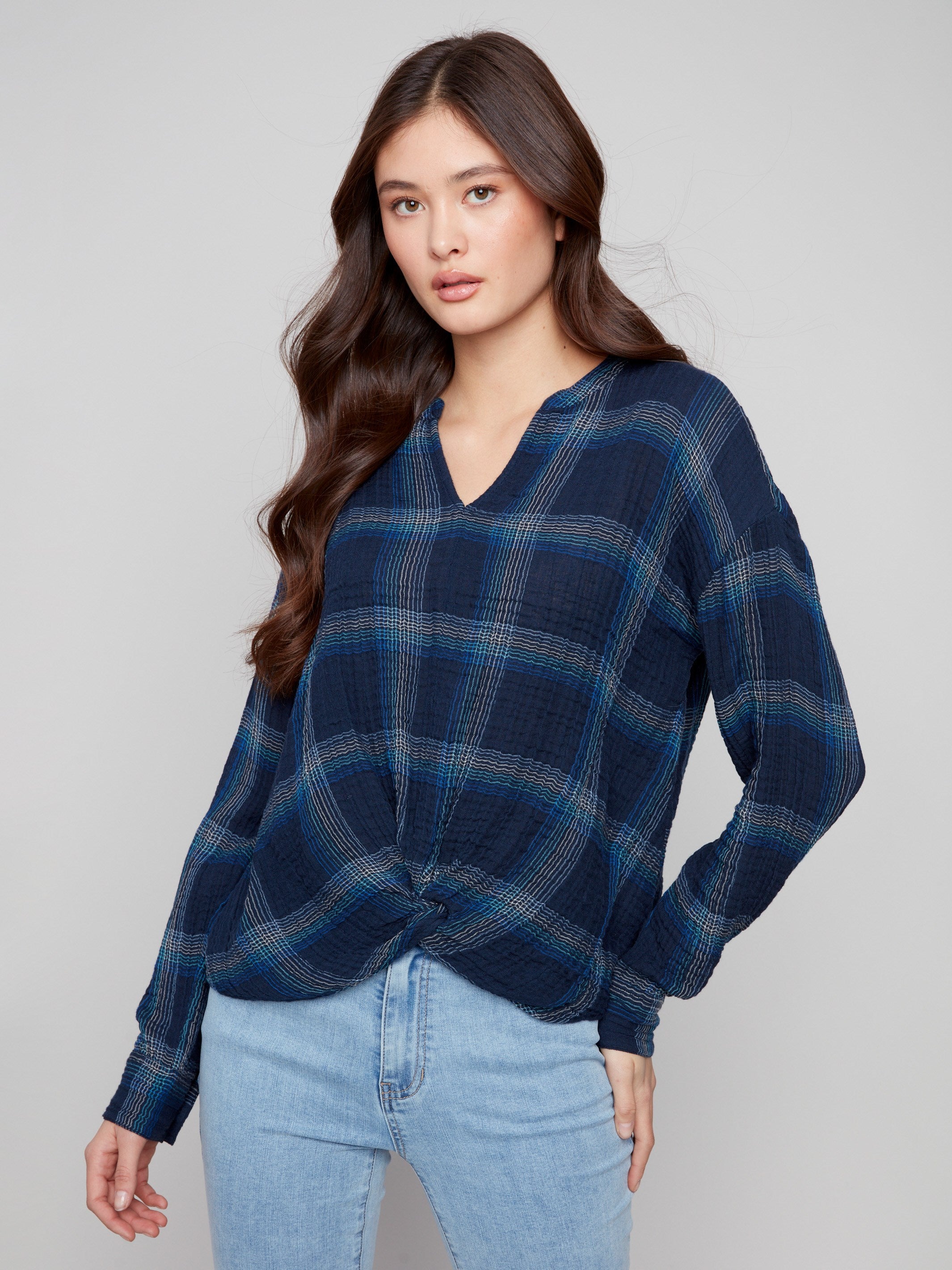 Blue plaid blouse featuring a stylish Mao collar, perfect for a casual yet chic look by Charlie B.