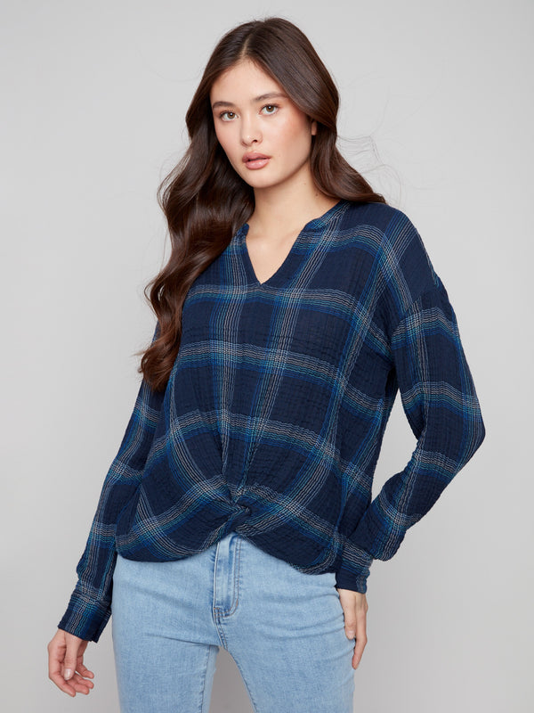 Blue plaid blouse featuring a stylish Mao collar, perfect for a casual yet chic look by Charlie B.