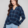 Blue plaid blouse featuring a stylish Mao collar, perfect for a casual yet chic look by Charlie B.