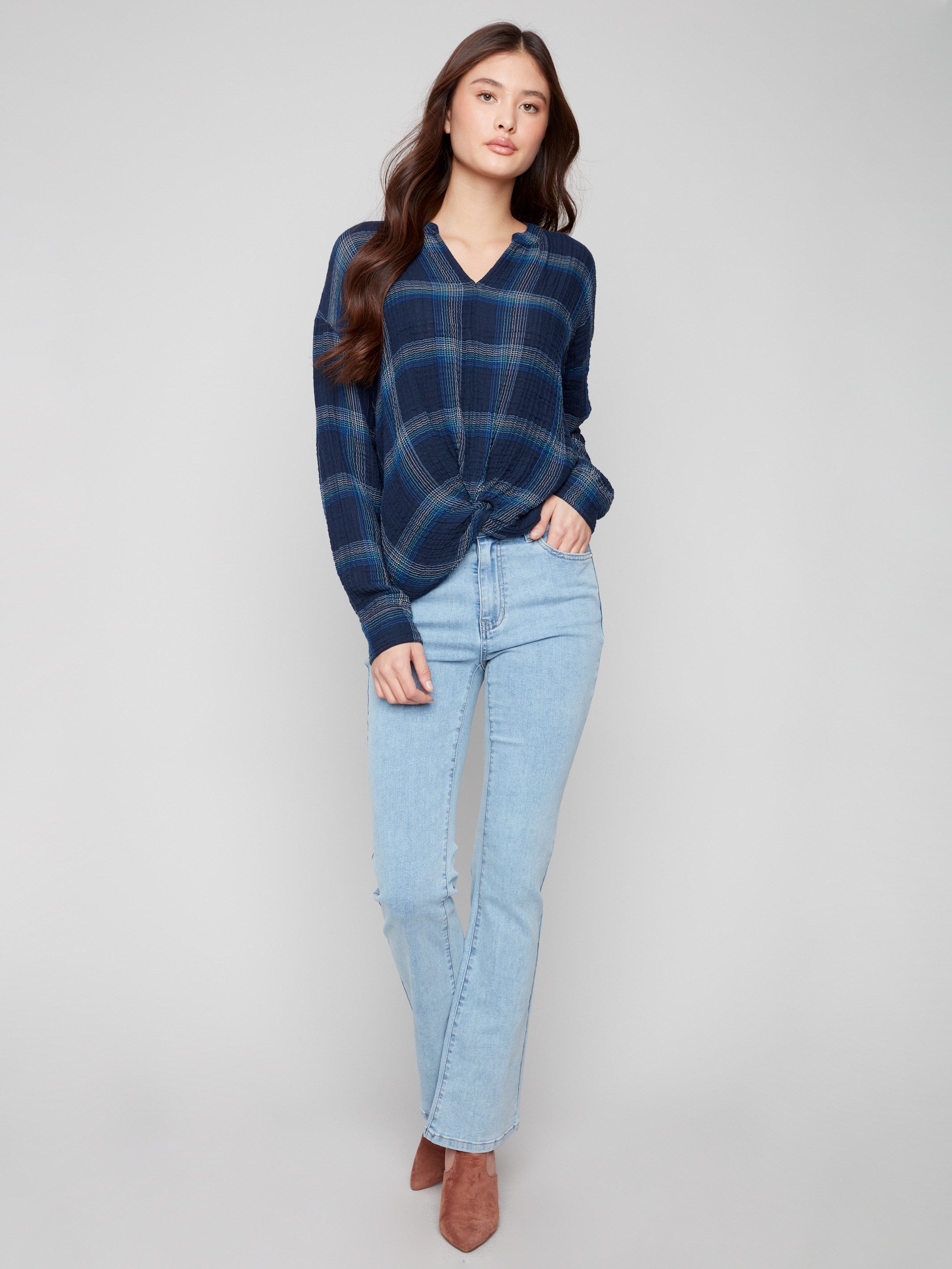 Chic blue plaid blouse crafted from double gauze fabric, ensuring comfort and style by Charlie B.