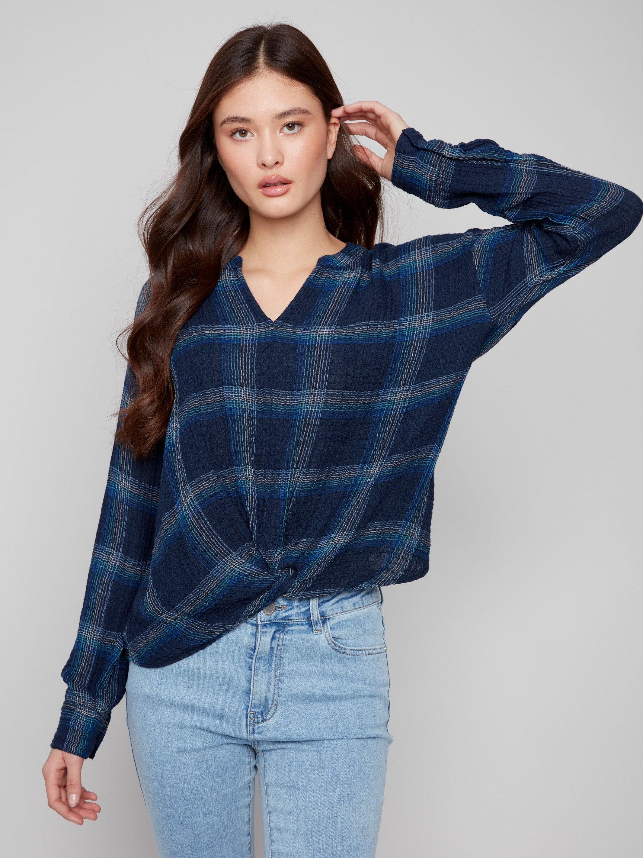 Trendy blue plaid blouse with drop shoulders adds a relaxed vibe to your wardrobe by Charlie B.