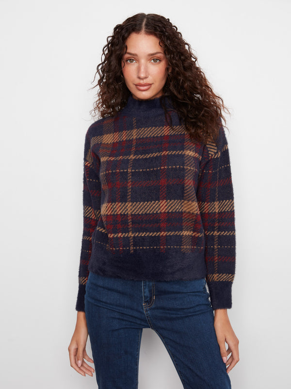 Plaid sweater with a cozy mock neck, showcasing its plush knit texture and stylish design by Charlie B.