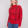 Red plaid sweater in eyelash fabric, offering a soft and cozy feel, ideal for chilly days by Charlie B.