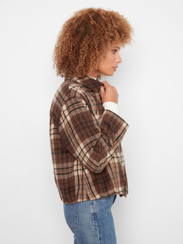 Wool blend bomber jacket in coffee brown featuring a timeless plaid pattern by Charlie B.