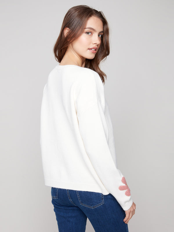 Plush Sweater with Boucle Flowers - Ecru