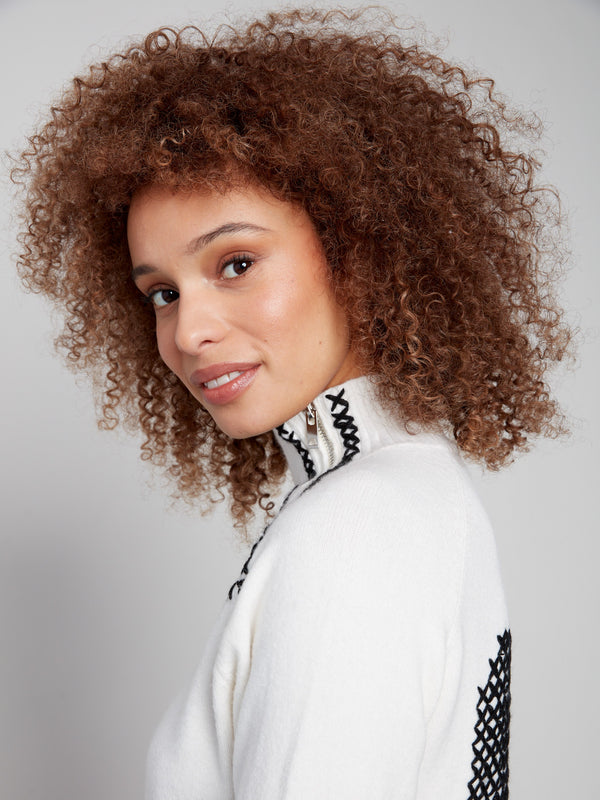 Plush Sweater With Heart Stitch And Zipper Detail - Ecru