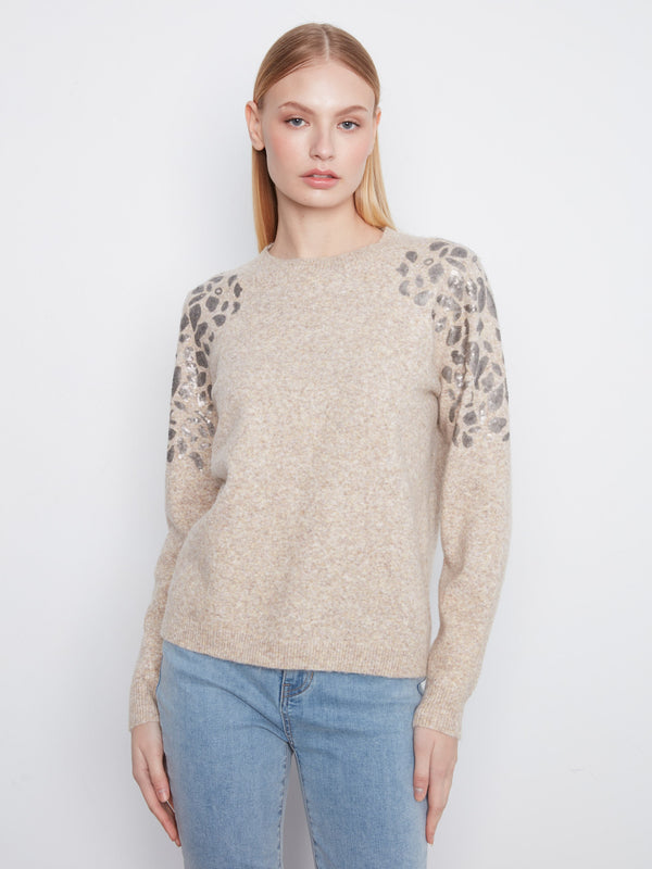 Plush Sweater With Sequin Shoulder Detail - Heather Latte