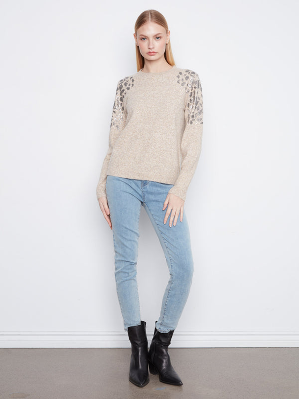 Plush Sweater With Sequin Shoulder Detail - Heather Latte