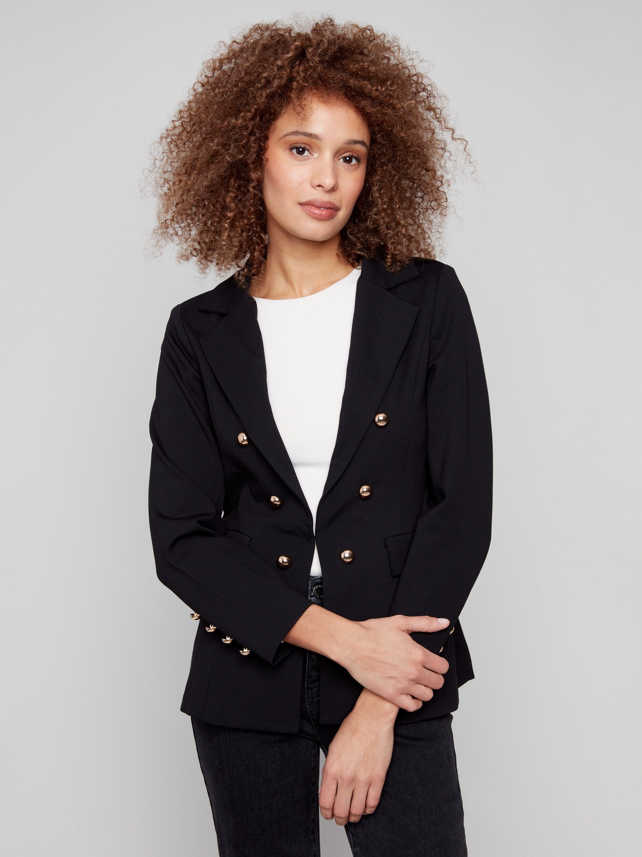 Elegant black blazer with a sophisticated hook-and-eye front closure, adding a modern touch to your wardrobe by Charlie B.
