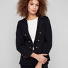 Elegant black blazer with a sophisticated hook-and-eye front closure, adding a modern touch to your wardrobe by Charlie B.