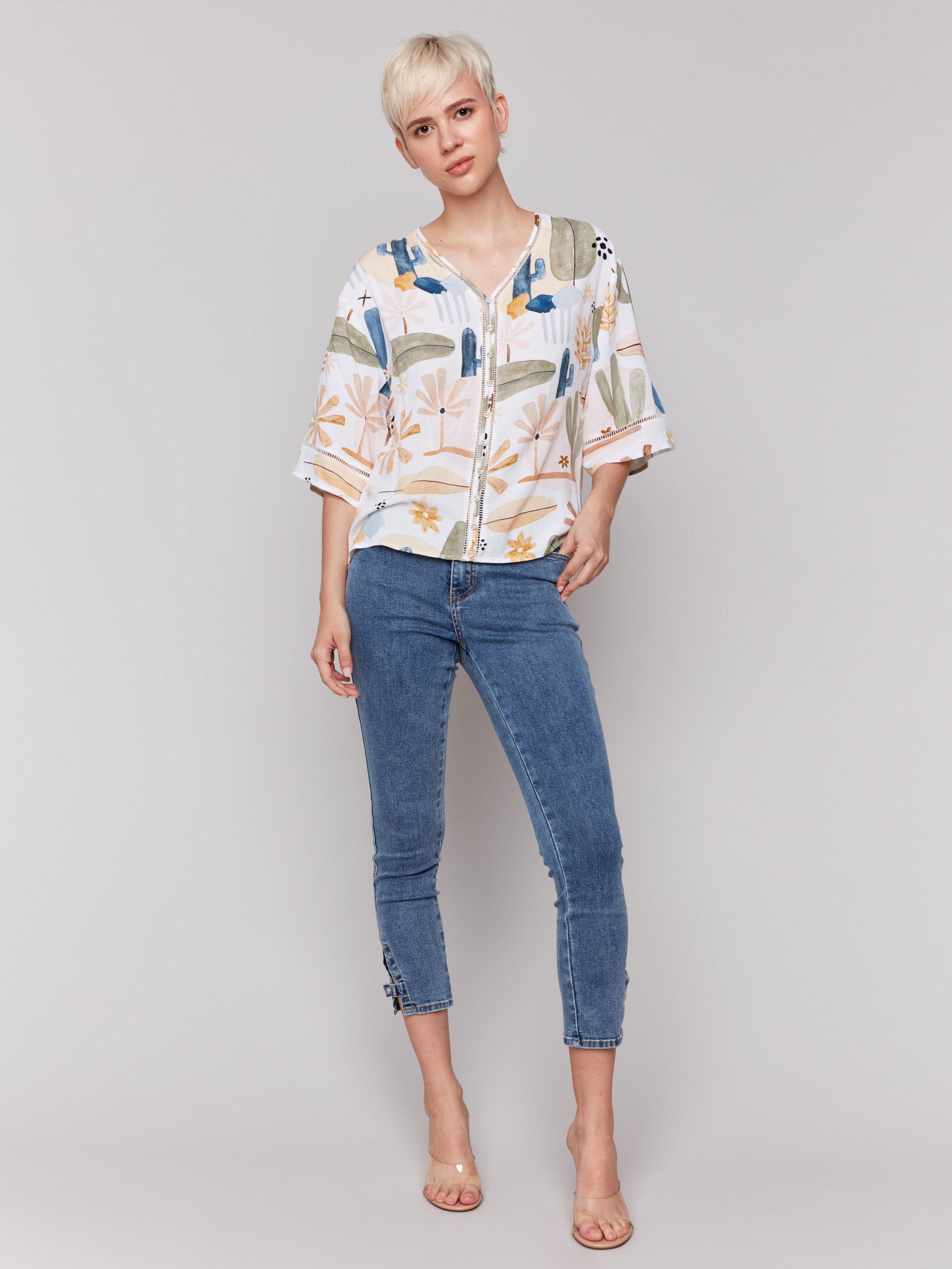 Ladder stitch detailed blouse in abstract pattern by Charlie B.
