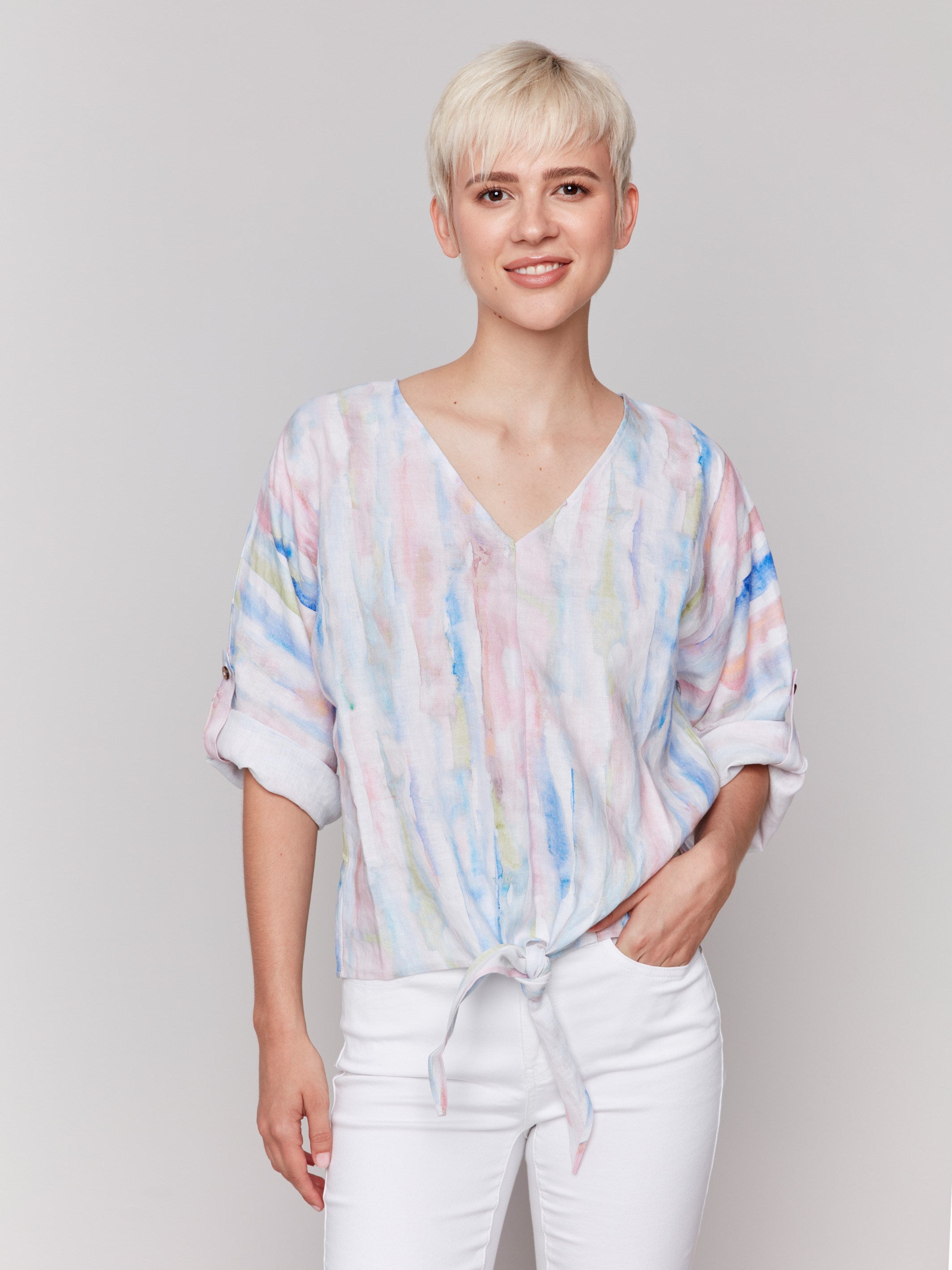 Abstract pattern top with a front tie knot at hem by Charlie B.