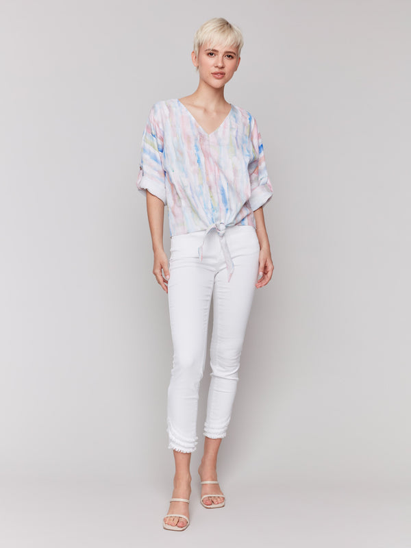 3/4 sleeve top featuring roll-up drop shoulder sleeves by Charlie B.