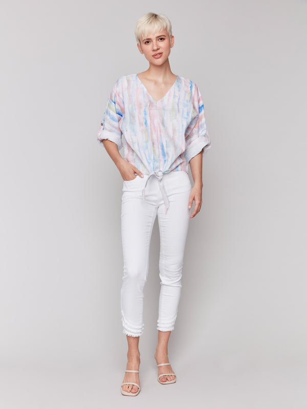 Top with roll-up sleeves and a stylish front tie by Charlie B.