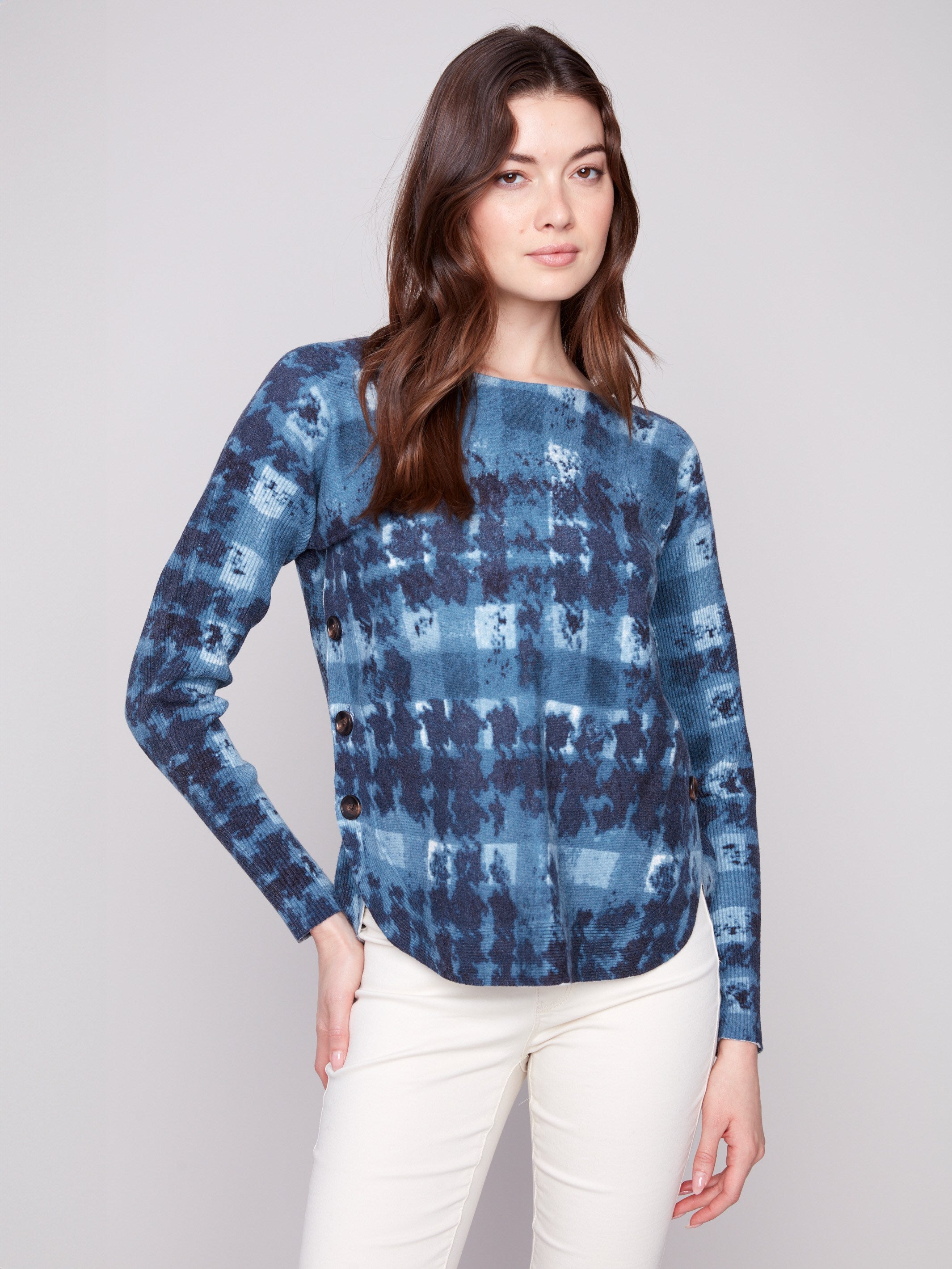 Sweater featuring a rounded hem with a shadow print design, perfect for stylish layering by Charlie B.
