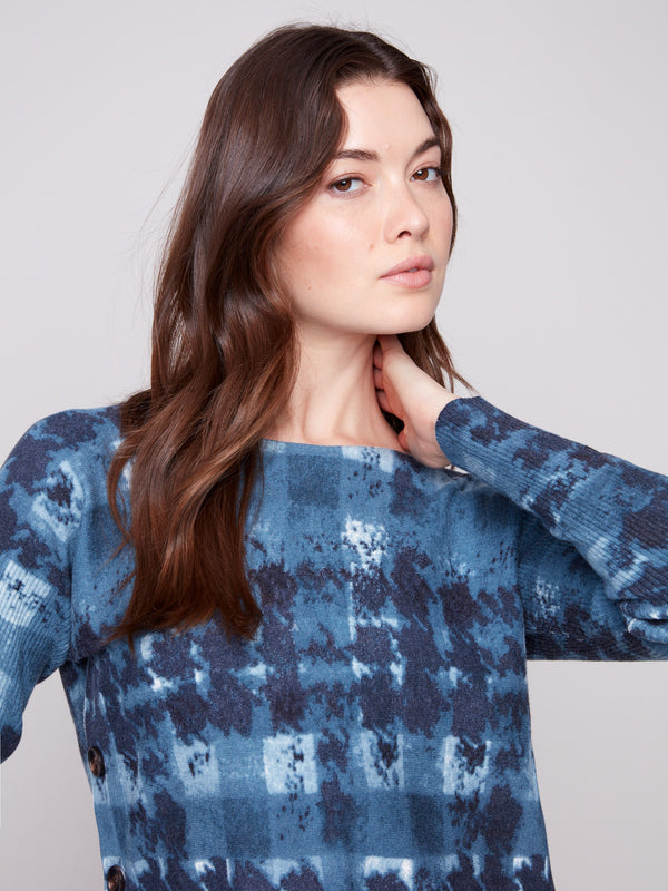 Printed Boat Neck Sweater With Side Buttons - Shadow