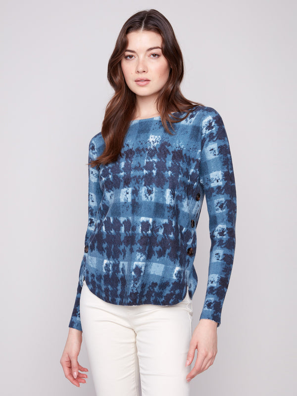 Printed Boat Neck Sweater With Side Buttons - Shadow