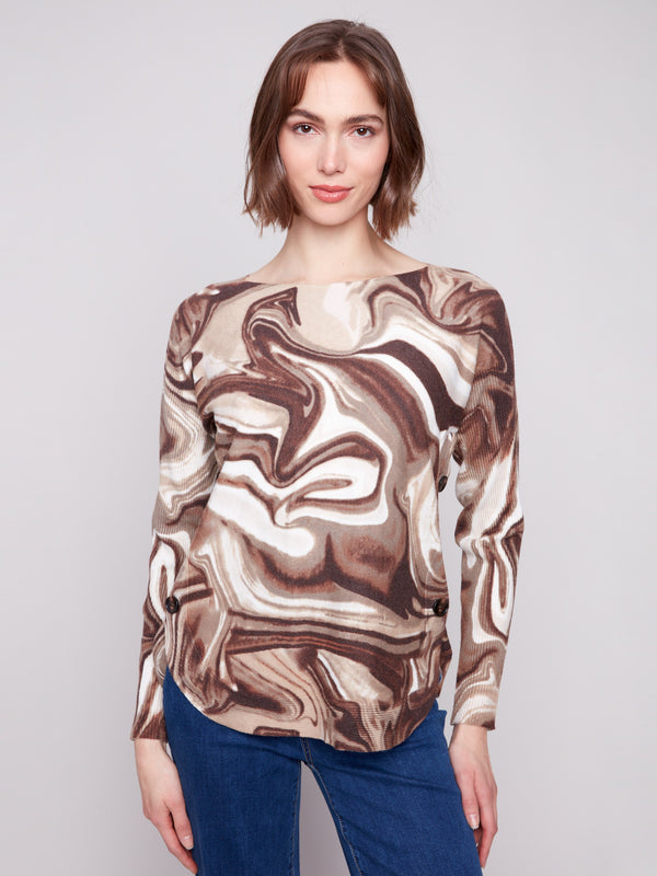 Printed Boat Neck Sweater With Side Buttons - Swirls