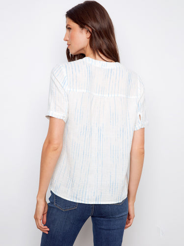 Chic white blouse adorned with delicate blue stripes and a comfortable notch neckline by Charlie B.