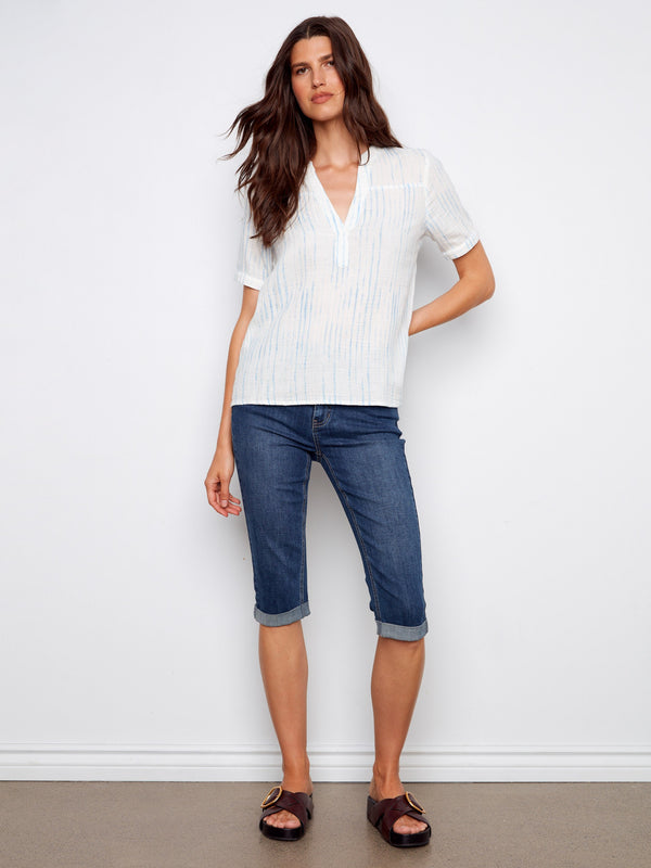 Printed Bubble Cotton Blouse - Stripes