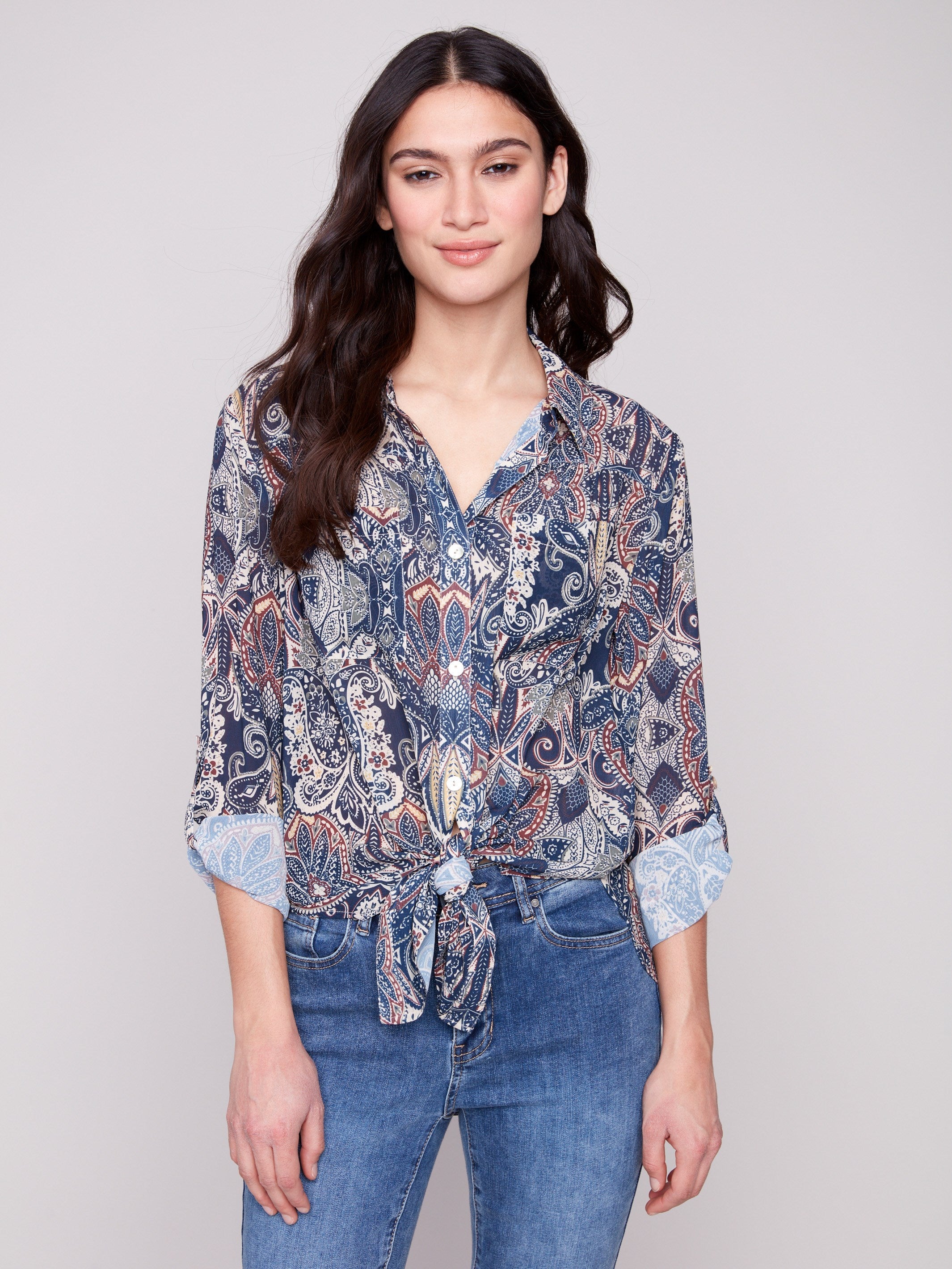 Stylish paisley blouse with a shirt collar, blending classic design with contemporary flair by Charlie B.