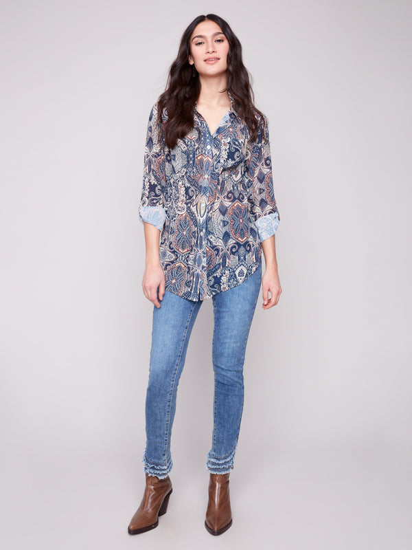 Tie-front option on this paisley blouse allows for customizable styling to suit your mood by Charlie B.