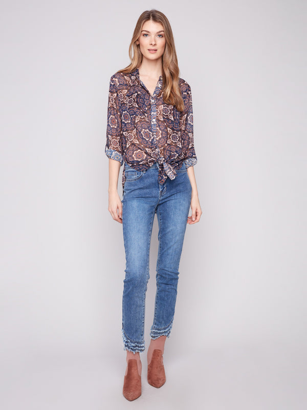 Stylish shirt collar on this printed dobby blouse, perfect for a casual yet polished look by Charlie B.