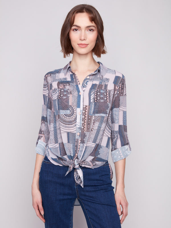 Chic patchwork blouse featuring a tie-front option, perfect for casual or dressed-up looks by Charlie B.