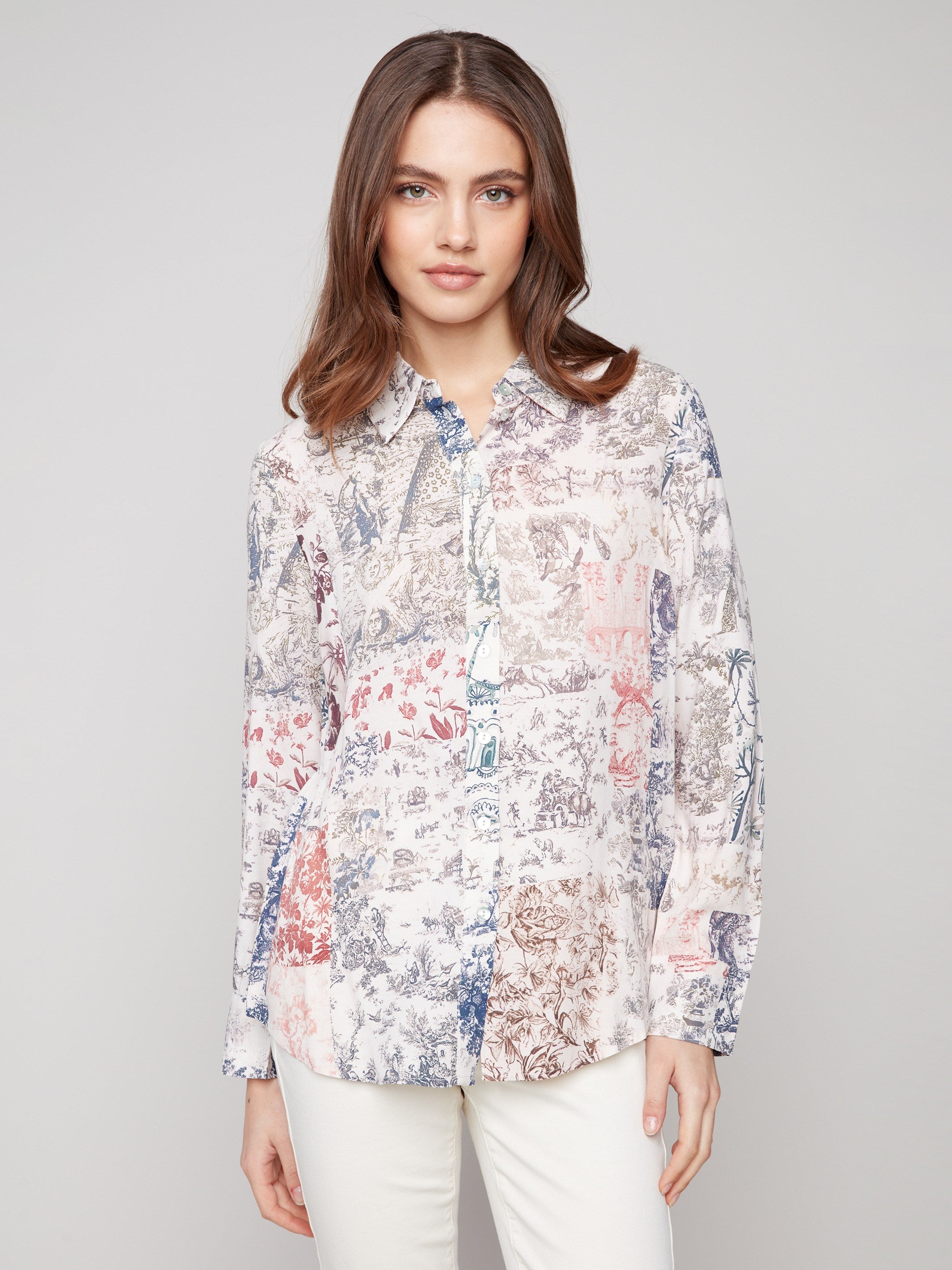 Long sleeve shirt with intricate toile patterns featuring button-down design and foldable cuffs by Charlie B.