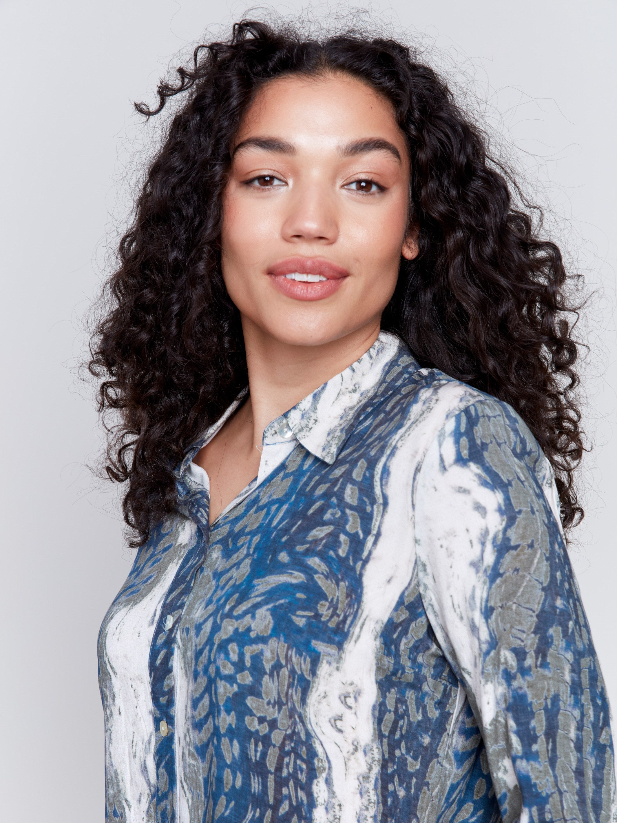 CHARLIE B C4652E TEXTURED FABRIC LONG ROLL UP SLEEVE BUTTON DOWN BLOUSE