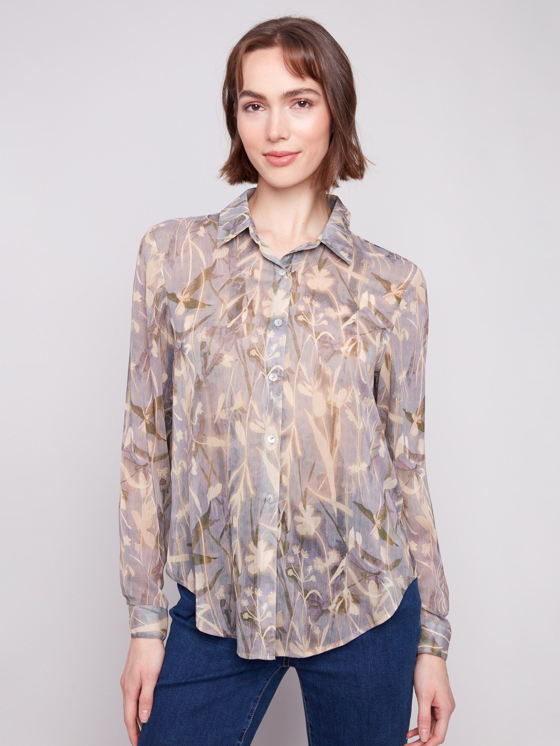 Floral printed chiffon shirt with a classic button-down style, featuring long sleeves and semi-sheer fabric by Charlie B.
