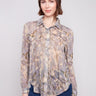 Floral printed chiffon shirt with a classic button-down style, featuring long sleeves and semi-sheer fabric by Charlie B.