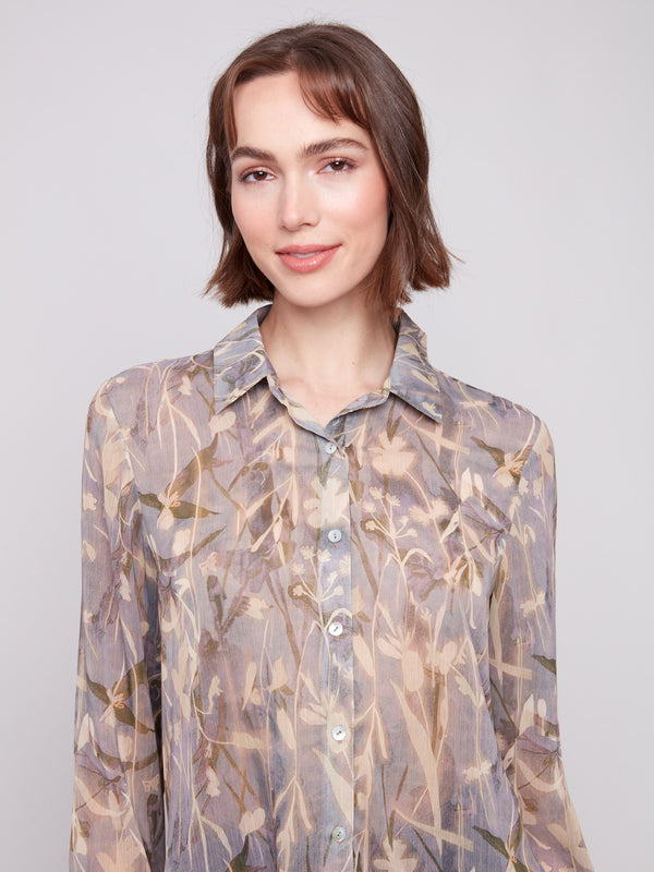 Long sleeve chiffon shirt with delicate floral patterns and a stylish collar design by Charlie B.