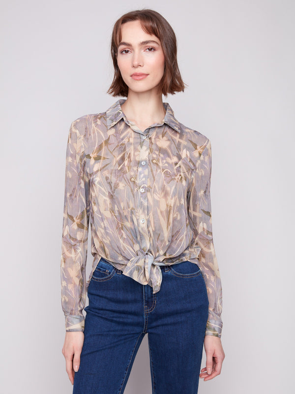 Printed Chiffon Button-Down Shirt - Serene
