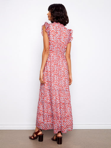 Floral dress showcasing a notched neckline with front tie detail for added sophistication by Charlie B.