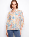 Cotton blend blouse with abstract design, featuring a stylish shirt collar and vibrant colors for a chic look by Charlie B.