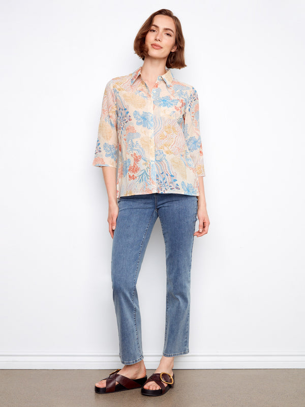 Printed cotton blend blouse showcasing an elegant chest pocket, perfect for adding subtle detail to your outfit by Charlie B.