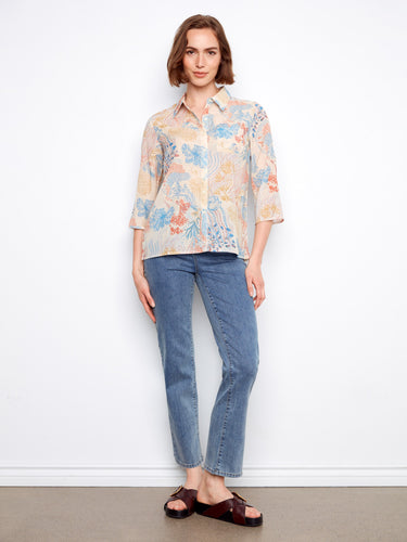 Cotton blend blouse showcasing a unique abstract pattern and shirt collar elegance by Charlie B.