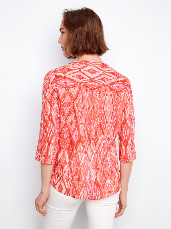 Printed Cotton Blend Half-Button Blouse - Scarlet