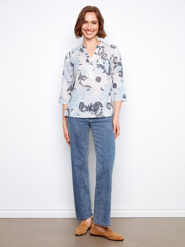 Printed Cotton Blend Half-Button Blouse - Feather