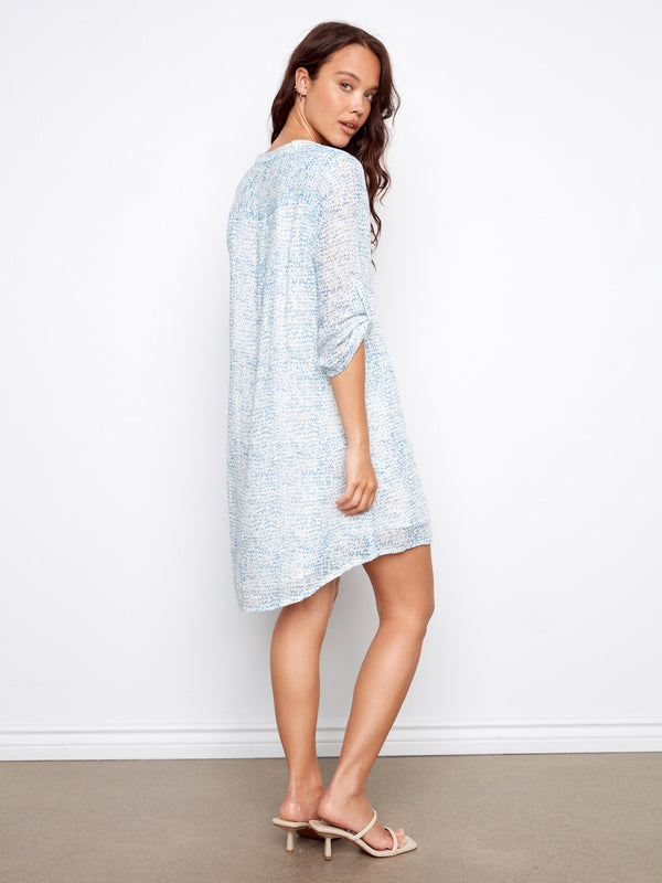 Printed Cotton Blend Henley Shirt Dress - Tide