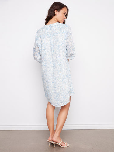 Relaxed fit light blue Henley shirt dress with an elegant neckline and knee-length cut by Charlie B.