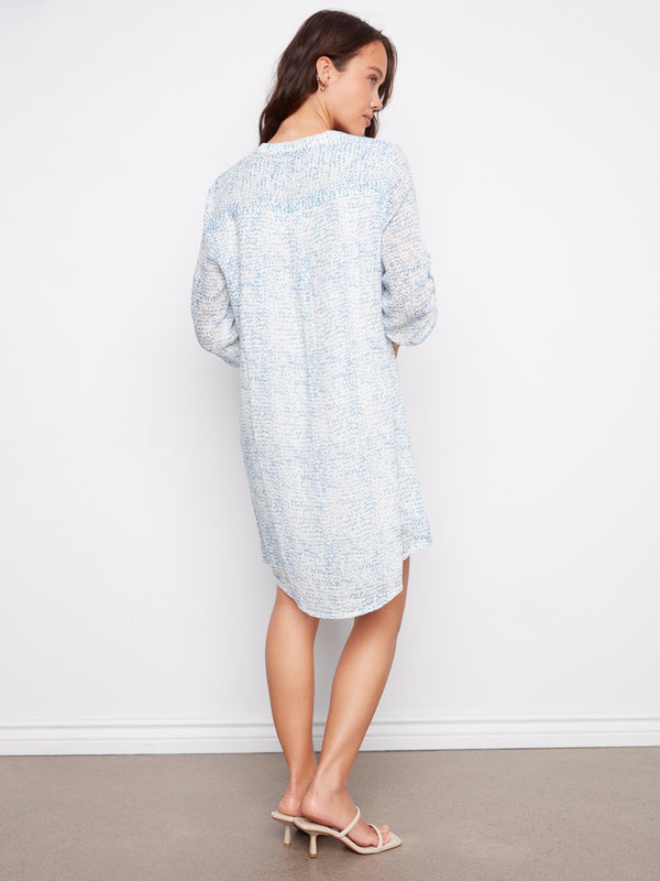 Printed Cotton Blend Henley Shirt Dress - Tide