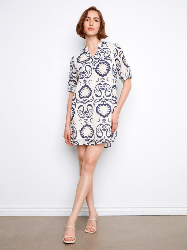 Printed Cotton Blend Henley Shirt Dress - Ornament